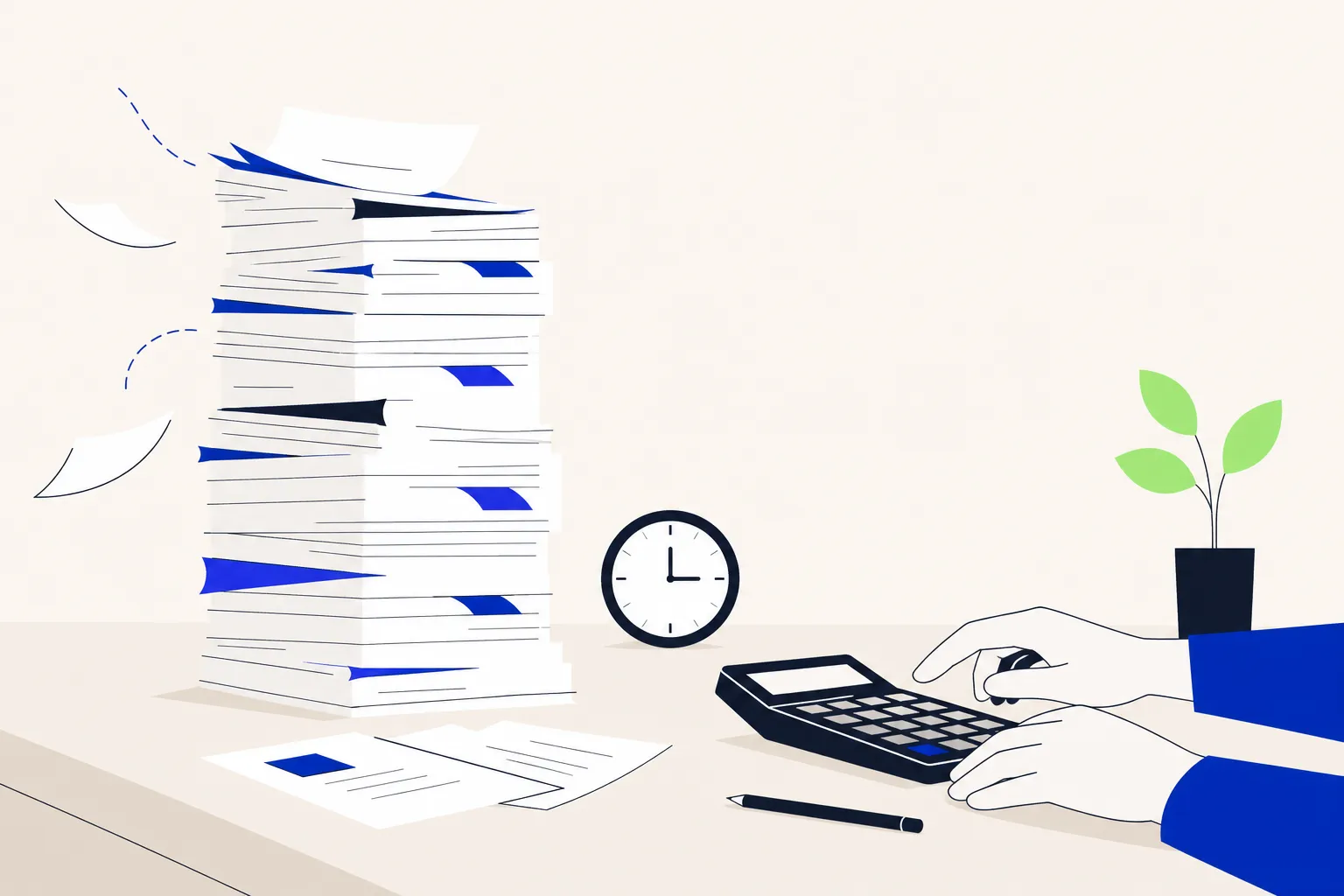 A growing pile of paper invoices beside a clock while a finance professional keys figures into a calculator